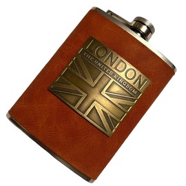 British Souvenir Stainless Steel Hip Flask with London Union Jack Emblem and Brown Leather Cover, 8 OZ England Collectable Gift