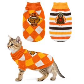 ShuRung 2PCS Puppy Thanksgiving Themed Sweater Cat Turtleneck Stripe Knitwear Turkey Football Pattern Outfits Dog Warm Plaid Clothes Sweater for Kitties Puppies S
