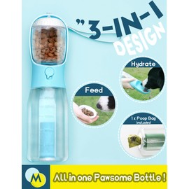 MoonyMars Portable Dog Water Bottle, 3-in-1 Dog Travel Water Bowl with Food Container & Poop Bag Holder, Pet Water Dispenser Summer Outdoor Walking Hiking Accessories for Large Dog - Blue, 20oz