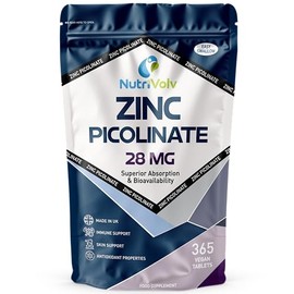 Zinc Picolinate 28mg | 365 Tablets | 1 Year Supply | One A Day | Max Absorption & Bioavailability | Immune Function, Fertility & Healthy Bones, Vision, Hair, Nails, Skin | Vegan UK Made | by NutriVolv