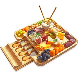 RoyalHouse Unique Bamboo Cheese Board and Knife Set with Slide-Out Cutlery Drawer - Charcuterie Boards Set & Cheese Platter - Anniversary, Wedding and Housewarming Gift