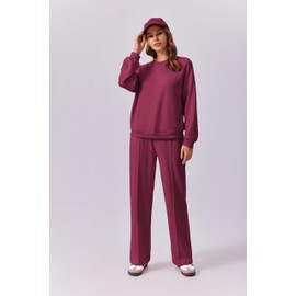 PINSPARK Sweat Suit For Women 2 Piece Set Fall Crewneck Pullover Tops Athletic Straight Leg Loungewear Set Airport Outfits For Women Hot Pink XL
