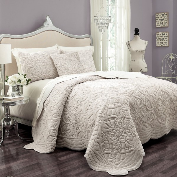 VUE Plush Decor Modern Glam Floral 3-Piece Quilt Bedding Coverlet Set, King, Ivory