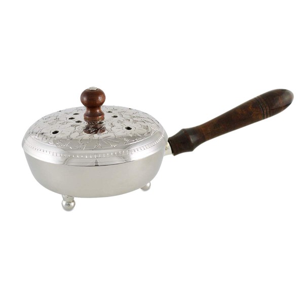 NKLaus Incense Pan with Wooden Handle Nickel-Plated Brass Diameter 12