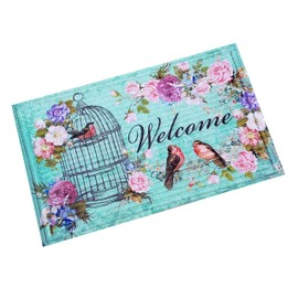 Welcome Doormat Spring Flowers, Birds and Birdcage Print Outdoor Mat 18 x 30 inches
