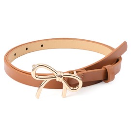 Gold Bow Belt Women, Elastic Leather Skinny Waist Thin Adjustable Golden Bow Belt for Ladies Dresses Jeans & Pants (Camel Color)