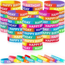 JUNEBRUSHS 64pcs Happy Birthday Rubber Bracelets Bulk Colored Rubber Silicone Wristbands for Students Teachers Classroom Reward Gifts Birthday Decorations Party Favors Supplies(16 Designs)