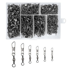 QMLING 300PCS Fishing Swivels and Clips, 6 Sizes Stainless Steels Safety Fishing Snaps Swivels, Sea Fishing Swivels for Quick Change Swivels Fishing Hook to Line 5# 7# 8# 10# 12# 14#