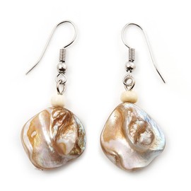 Antique White Shell Bead Drop Earrings/Silver Tone Hook/ 4cm L