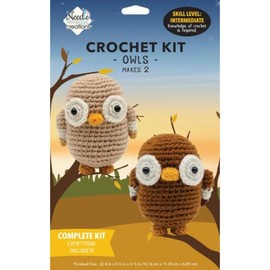 Flannel Queen Crochet Kit Makes 2 Owls - Includes Yarn, Hooks, Pattern, and All Necessary Supplies - Intermediate Skill Level - Finished Size 4in x 4.5in x 3.5in - by Needle Creations