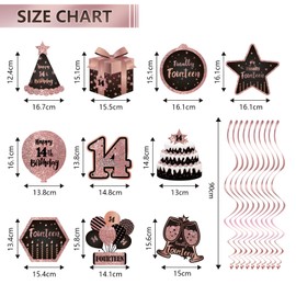 Eclifano Happy 14th Birthday Hanging Swirls Streams Ceiling Decorations,Sixteen,Celebration Old Rose Gold Birthday Party Decorations Supplies 14 Foil Hanging Swirls with Cutouts for 14 Years