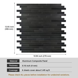 Black Peel and Stick Backsplash Linear Subway Tile, Self Stick Aluminum Metal Surface DIY Stick on Wall Tiles for Kitchen Bathroom(6 Sheets)
