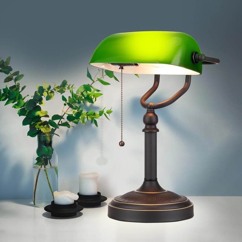 Newrays Antique Green Glass Bankers Desk Lamp with Pull Chain