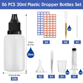 DONQL 26pcs 30ml Dropper Bottle, Empty Squeezable Dropper Bottles, Eye Dropper Bottles 30ml, Paint Dropper Bottles, Eye Liquid Empty Dropper Bottles with Syringe, 30ml Measuring cup, Tweezers