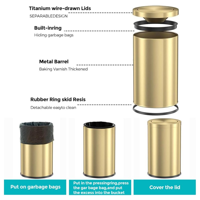 2.4 Gallon Brass Gold Bathroom Trash Can, Fancy Waste Basket