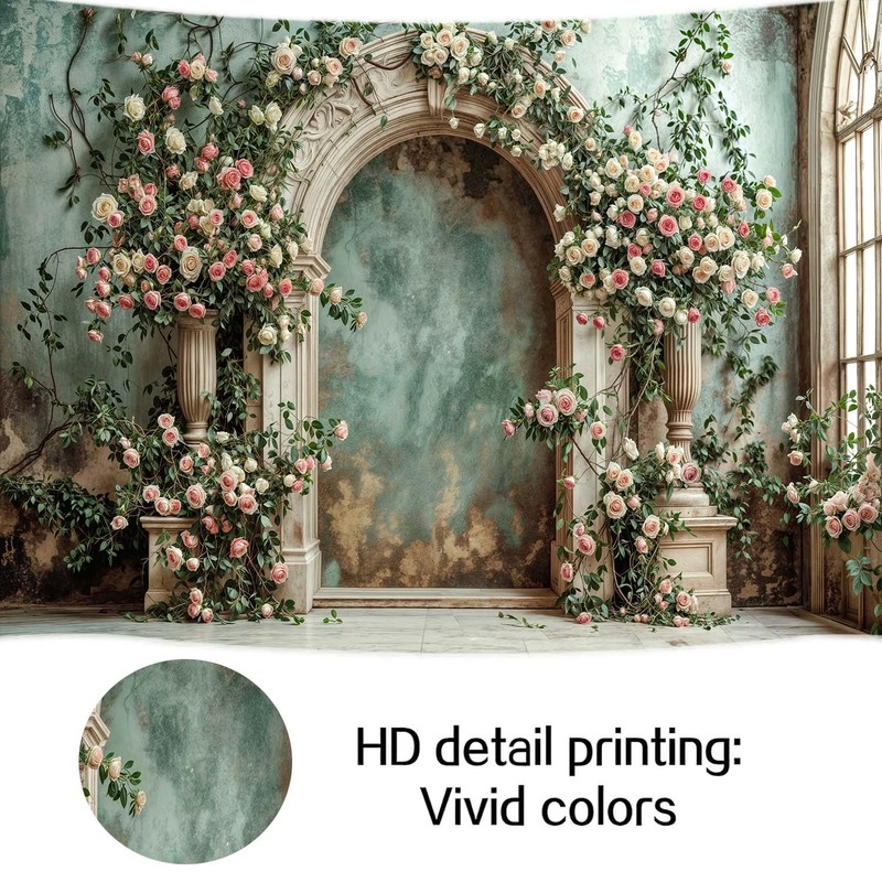 Arch Wall Flowers Backdrop,Retro Medieval Building Pink Rose Photo Background,Realistic