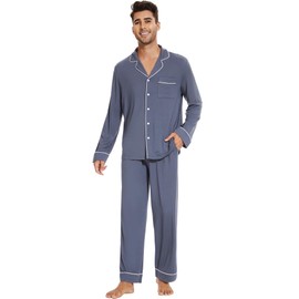 WiWi Men's Viscose from Bamboo Pajama Set Long Sleeve Sleepwear Button Down Pajamas Sets Soft Knit Pjs S-XXL, Blue, Large