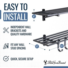 StoreYourBoard 2 Pack Heavy Duty Garage Wall Shelves, 1' x 4' Wall Mount Storage Shelf with Hooks, Hammered Gray Finish, Holds 200 lbs Each
