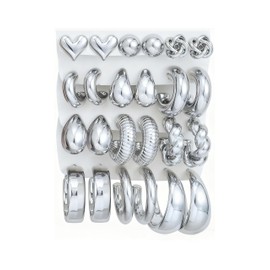 Juego de 12 pares de aretes de aro de plata gruesos para mujer, chapados en plata, ligeros, gruesos, trenzados, no se deslustran, Grande, Zinc, Sin piedra preciosa