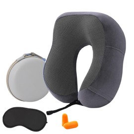WQLWAZ Travel Neck Pillow, 100% Pure Memory Foam Neck Pillow with 3D Eye Mask, Ear Plugs and Luxury Storage Bag, Comfortable and Breathable, Machine Washable, Must-Have for Airplane Travel, Gray