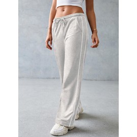 Herseas Women's Contrasting Side Stripes Grey Sweatpants Wide Leg Elastic High Waist Pants Comfy Lounge Pants