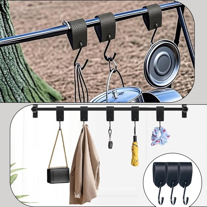 SHYSBV S Hooks with Leather Loop, Black Metal Hooks for