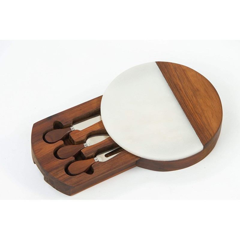 Round Marble and Acacia Wood Cheese Board Set with 3