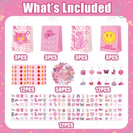 Preppy Birthday Party Favors,Pink Preppy Birthday Party Supplies,Included Wristband,Waterproof Stickers,Temporary Tattoos,Keychain,etc to Giving Present Bags to Celebration Teen girls-All 98 Pcs