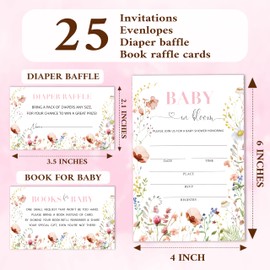 Baby In Bloom Baby Shower Invitation With Envelopes, Diaper Raffle Tickets, Books Request Cards, Wildflowers Babyshower Decorations Supplies Favors Set, Gender Reveal Party Invites, 25 Cards Each -01