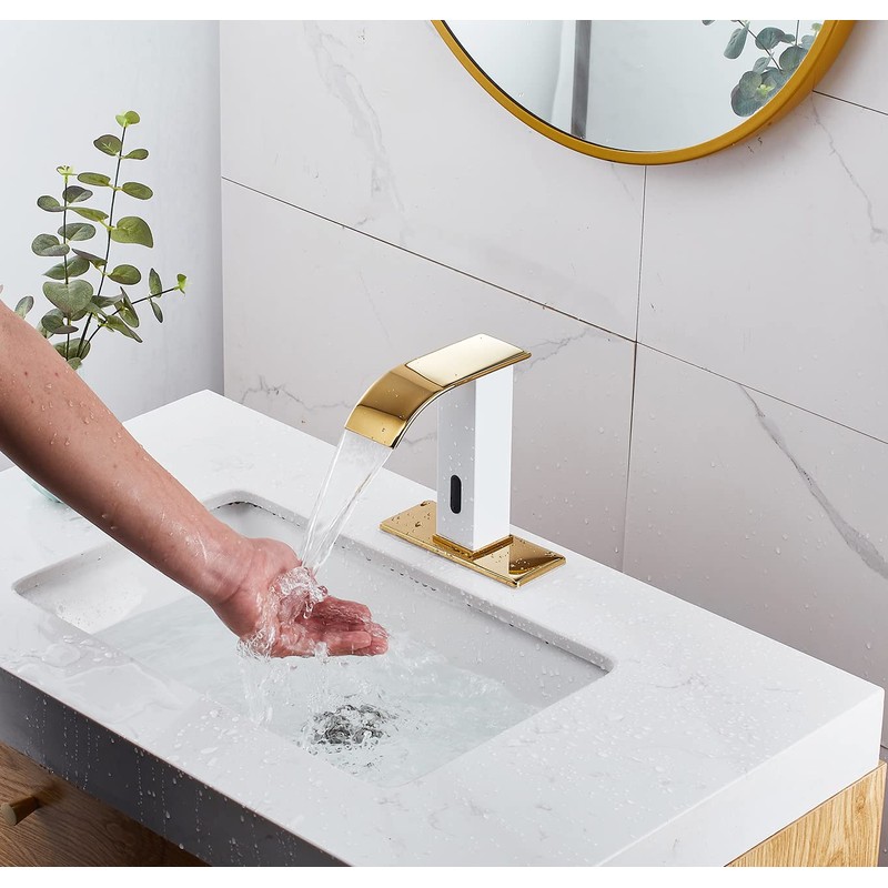 Automatic Touchless Faucet Bathroom White& Gold Waterfall Electronic Motion Sensor