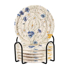 Bar Coaster for Drinks, Coil Woven Coasters Holder Pad 3.94 in Diameter for Mugs Thickness of 0.24 in with Metal Rack Print Watercolor Cornflower Daisy White Blue