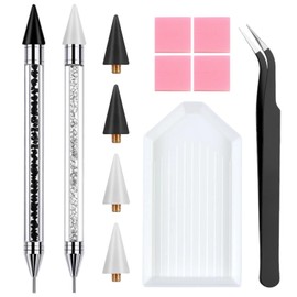 2 Pack Rhinestone Picker Tool Dotting Pen with 4 Extra Tips, Wax Pencil for Rhinestones with Tweezer & Tray, Crystal Gem Diamond Jewel Applicator, Rhinestone Tool for Crafts Bedazzling DIY Nail Art