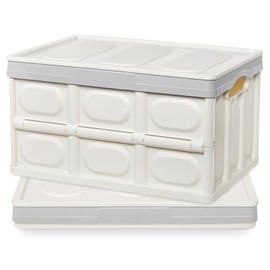 Homde 55L Collapsible Plastic Crates Storage Container with Lids 2 Pack Stackable Storage Bins with Secure Buckles for Clothes, Toy, Grocery, Camping and Garage (55L, White)