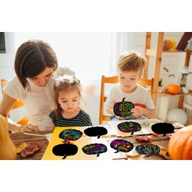 WaaHome Thanksgiving Scratch Art Crafts for Kids 24pcs Fall Pumpkin Rainbow Scratch Paper Magic Scratch Off Ornaments for Kids Classroom Activities Thanksgiving Fall Party Decorations Favors Supplies