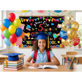 Mocsicka 5th Grade Graduate Banner - Next Stop Middle School Primary Graduation Party Decorations, Fifth Grade Graduation Wall Hanging Backdrop Decor