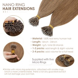 Nano Ring Hair Extensions 20inch 1g/s Pre Bonded 50g Nano Tip Bondings 100% Real Remy Human Hair #06 Light Brown