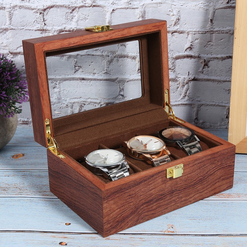 Wooden 3 Grid Watch Display Box Transparent Window Anti‑Slip Watch