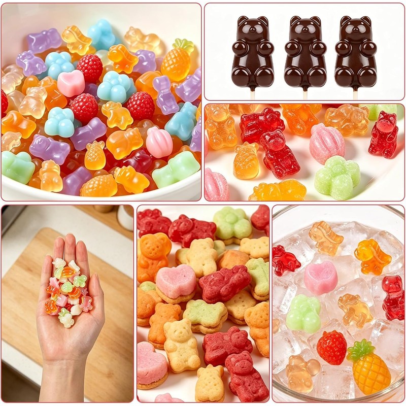 Gummy Candy Molds with 2pcs Droppers, Silicone Bear Dinosaur Fruit