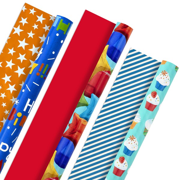 Hallmark All Occasion Reversible Wrapping Paper Bundle - Kids Birthday (3 Rolls - 75 sq. ft. ttl) Balloons, Stars, Cupcakes, Blue Stripes, Solid Red