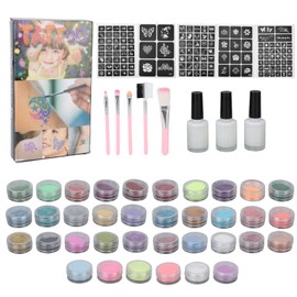 30 Colors Temporary Tattoo Glitter Powder Kit 6 Colors Luminous Powder Set Brush Stencil for Children Adult