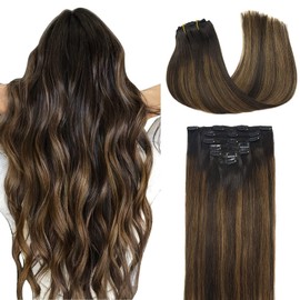 DOORES Clip-In Real Hair Extensions, Balayage Dark Brown to Chestnut Brown Extensions, Real Hair, 35 cm, 14 Inches, 7 Pieces, 120 g, Remy Hair Extensions, Real Hair, Natural Real Hair Extensions