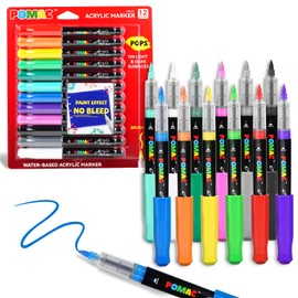 POMAC Acrylic Paint Markers Pens 12 Assorted Colors, Water-Based Paint Markers Brush Tip, No-Bleed Liquid Acrylic Marker Pens Waterproof for Fabric, Canvas, Rock, Glass, Wood, DIY Crafts, Art Supplies