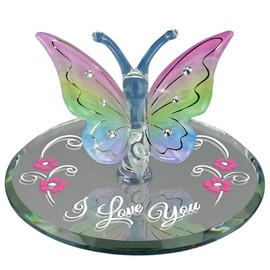 Rainbow Butterfly Glass Figurine Handcrafted Nature-Inspired Gift with “I Love You” Message, Crystal Accents, and Floral Base Romantic Collectible for Her or Special Occasions