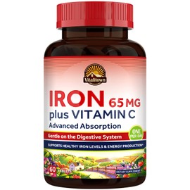 Vitalitown Iron Supplement for Women Men, Hign Potency 65mg Iron with Vitamin C 250mg, Less Constipating, Better for Blood Building & Energy Improvement, No Gluten, Non-GMO 60 Vegan Iron Pills