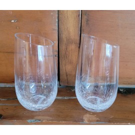Pier 1 (2) Pier 1 One Angled Rim Crackle Glass Tall Flat Tumblers Highball Barware 6"