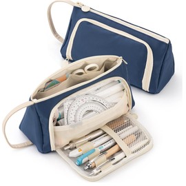 Pen Storage Bag Twill Open Window Fashionable Multifunctional Lovely Large Capacity Pencil Pouch for School Type 17 Dark Blue