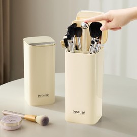 Makeup Brush Holder with Lid,One Touch Open 4 Slot Makeup Brush Case with Waterproof Dustproof,Brushes Storage Holder for Vanity, Dresser, Desk (Cream white)