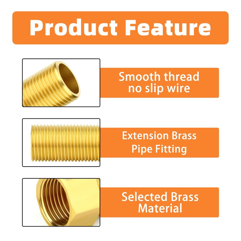 GASHER 5PCS Extension Brass Pipe Fitting, 1/2" Female to 1/2"