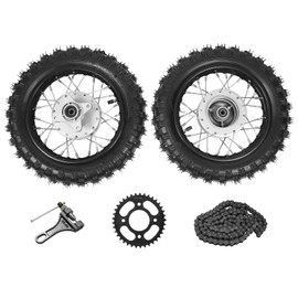2.50-10 Front Rear Wheel Pair Set for CRF50 XR50 BBR KLX Dirt Bikes, Directly Replacement Front Rear Tire Rim Wheel with Chain and Plate, Black, Silver