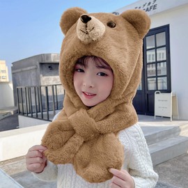 Rayson Children's Winter Hat Girls Boys Hat Scarf Warm Cute Bear Winter Hats Fleece Scarves Ear Flap 3 in 1 Set, brown